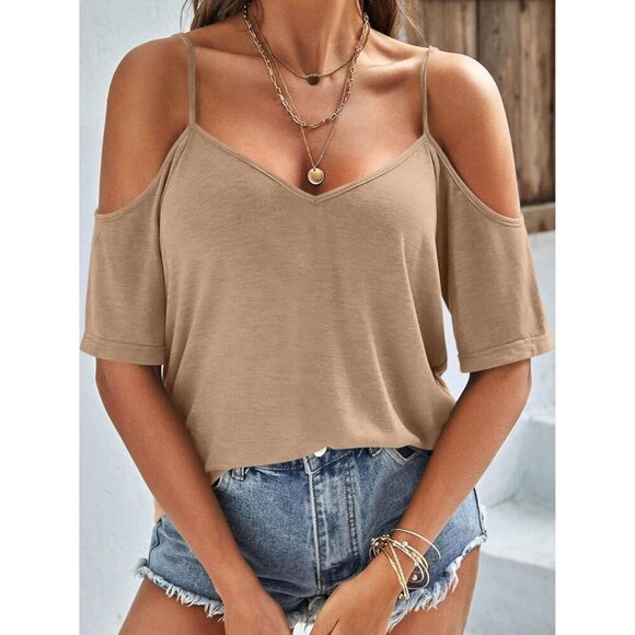 Womens Summer Cold Shoulder Tops Rayon Blend V Neck Casual Loose Fit - Picture 3 of 5